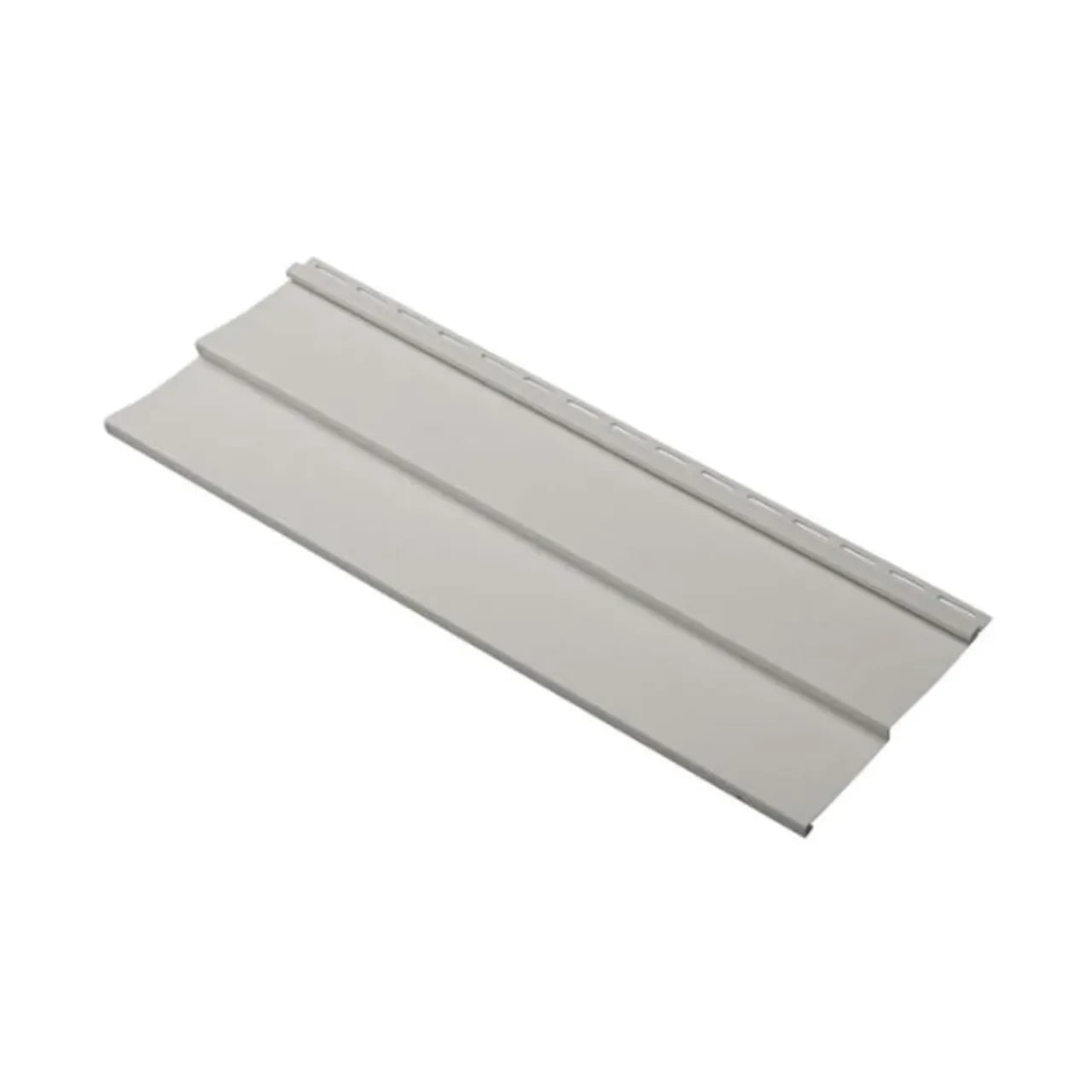 A single 4 in. x 150 in. Double Lap Vinyl Siding panel in Pewter by Go Build features a horizontal design, advanced locking system, and pre-cut nail slots for quick, secure installation.